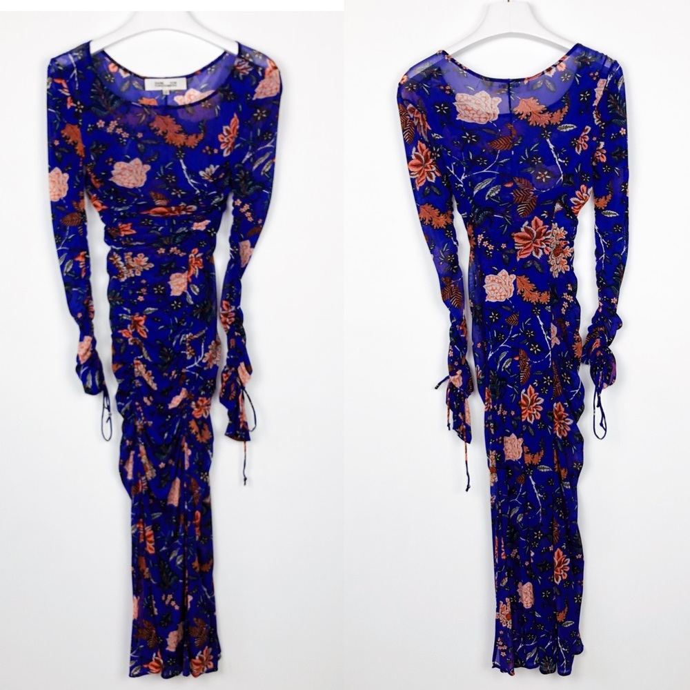 DVF | Canton Blue Mesh Overlay Blue Ruched Dress 4 - Picture 3 of 8